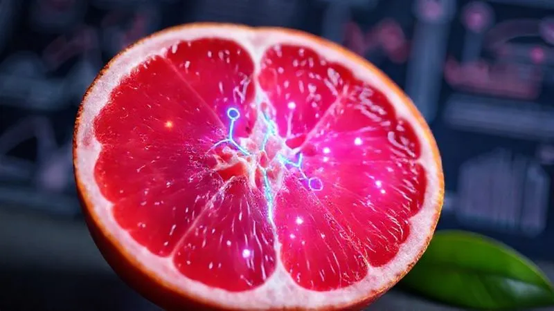 Photorealistic image of a vibrant pink grapefruit cut in half, with a stylized, glowing representation of a metabolic pathway superimposed over one half, illustrating enzyme inhibition. Cinematic lighting, sharp focus on the fruit and glowing elements, depth of field blurring a subtle background of medical diagrams. 8K hyper-detailed, professional photography, shot on a high-end DSLR.