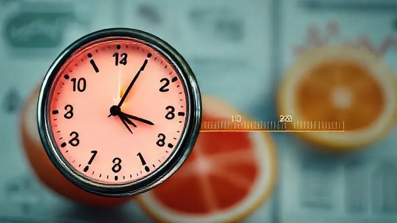 Photorealistic image of a clock face subtly integrated with a timeline showing 0h, 24h, 48h, 72h, with a grapefruit icon fading over time, symbolizing the prolonged effect of grapefruit on drug metabolism. The background features blurred medical diagrams and a gentle, scientific aesthetic. Cinematic lighting, sharp focus on the clock and timeline, depth of field. 8K hyper-detailed, professional photography, shot on a high-end DSLR.