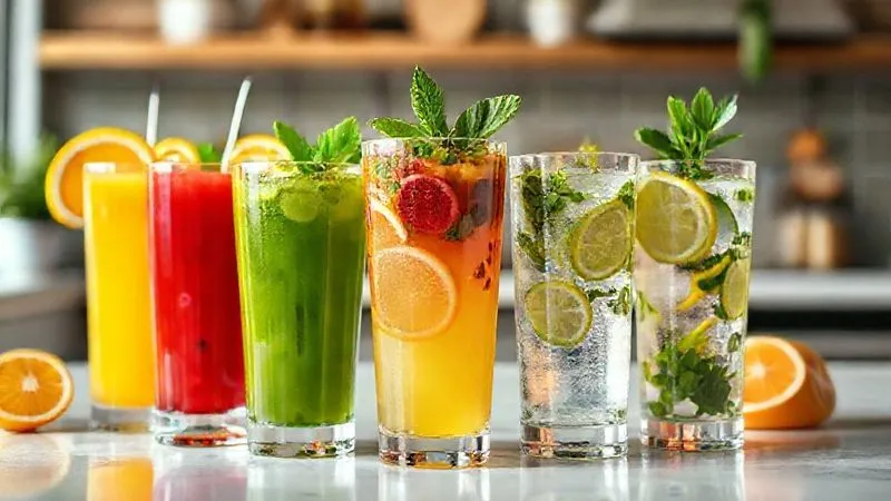 A vibrant, photorealistic collection of various freshly squeezed juices in clear glasses: orange juice, cranberry juice, green vegetable juice, and lemon-infused water. Each glass is garnished with fresh fruit slices or herbs. The composition is bright and inviting, with cinematic lighting emphasizing the natural colors and textures of the drinks. Sharp focus on the foreground glasses, with a gentle depth of field blurring a healthy kitchen background. 8K hyper-detailed, professional photography, shot on a high-end DSLR.