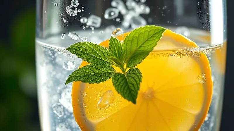 A detailed, vibrant close-up of a glass of lemon water with steam rising, a fresh lemon half, and a sprig of mint, symbolizing freshness and health, photorealistic, professional photography, 8K, cinematic lighting, sharp focus, depth of field, shot on a high-end DSLR.
