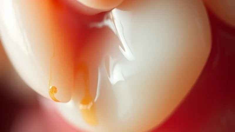 A highly magnified, abstract photorealistic image of dental enamel showing microscopic erosion, with subtle streaks of acid, dramatic lighting, sharp focus, depth of field, 8K hyper-detailed, professional photography, shot on a high-end DSLR.