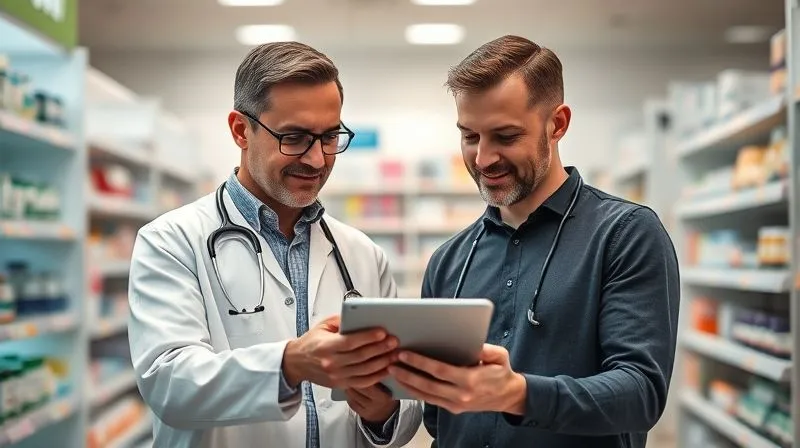 A photorealistic, professional photography, 8K, cinematic lighting, sharp focus, depth of field, shot on a high-end DSLR, depicting a person consulting with a friendly, professional pharmacist, both looking at a tablet displaying medication information, emphasizing clear communication and expert advice.