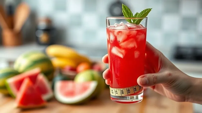 Photorealistic, professional photography, 8K, cinematic lighting, sharp focus, depth of field, shot on a high-end DSLR. A hand holding a clear glass filled with vibrant red watermelon juice, with a measuring tape subtly wrapped around the base of the glass, against a blurred background of a kitchen counter with fresh fruit.