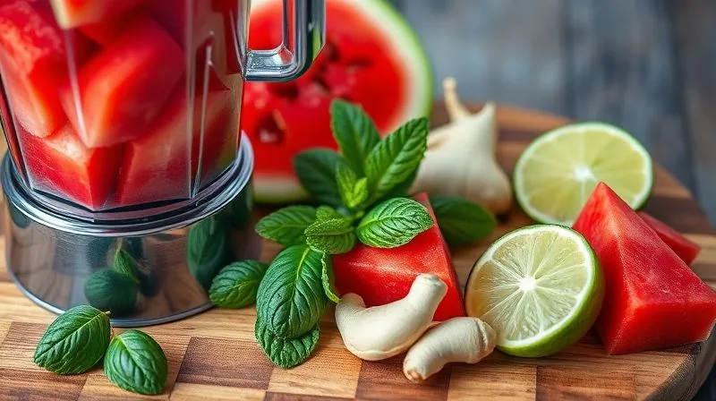 Photorealistic, professional photography, 8K, cinematic lighting, sharp focus, depth of field, shot on a high-end DSLR. A beautiful composition of fresh ingredients for a healthy watermelon juice: a blender filled with watermelon chunks, alongside fresh mint leaves, slices of ginger, and lime wedges on a rustic wooden cutting board. Emphasize natural light and vibrant colors.