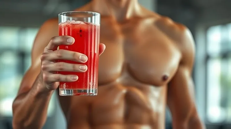 Photorealistic, professional photography, 8K, cinematic lighting, sharp focus, depth of field, shot on a high-end DSLR. A person with an active, fit physique, visibly refreshed, holding a glass of vibrant watermelon juice after a workout. Sweat glistens slightly on their skin. The background is a blurred gym or outdoor exercise setting, emphasizing health and vitality.