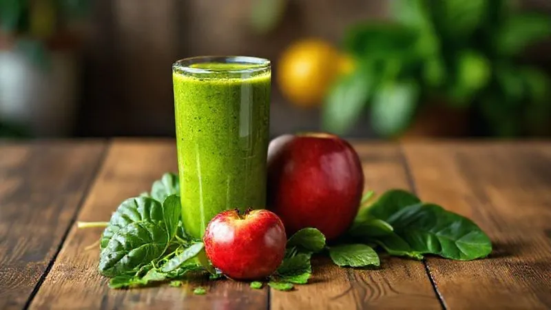 A photorealistic, professional photography, 8K, cinematic lighting image of a vibrant green smoothie in a tall glass, with a single fresh red apple and a handful of spinach leaves scattered on a wooden table beside it. Sharp focus on the smoothie, depth of field blurring the background, shot on a high-end DSLR. The image should convey freshness, health, and vitality.