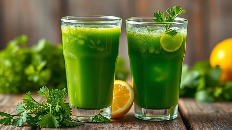 A close-up, photorealistic image of a vibrant green glass of fresh parsley juice, with fresh parsley sprigs and a healthy lemon wedge on a rustic wooden table. The background is softly blurred, suggesting a natural, wholesome environment. Cinematic lighting, 8K hyper-detailed, sharp focus on the juice, depth of field, professional photography, shot on a high-end DSLR.