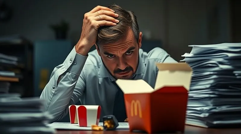 A photorealistic image of a stressed businessman in a dimly lit office, surrounded by stacks of papers and a laptop, hand clutching his head. There's an open, half-eaten fast food container on his desk. The scene conveys exhaustion and unhealthy habits. Cinematic lighting, sharp focus on his face, depth of field, 8K, professional photography, shot on a high-end DSLR.