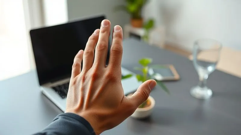 A photorealistic image of a sleek, minimalist desk setup with a laptop, a glass of water, and a small, vibrant green plant. In the foreground, a businessman's hand is visible practicing a mindfulness gesture, suggesting a brief moment of calm amidst a busy workday. Soft, natural light illuminates the scene. Professional photography, 8K, cinematic lighting, sharp focus on the hand and plant, depth of field, shot on a high-end DSLR.