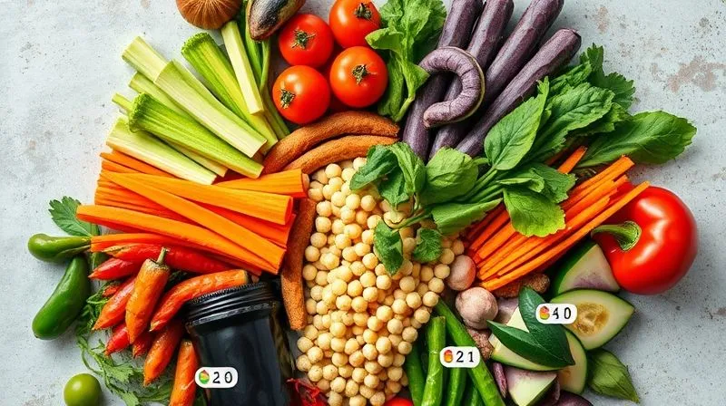 A photorealistic image of a balanced vegan meal plan infographic, showing diverse plant-based foods arranged aesthetically, with small icons representing protein, carbs, fats. Professional photography, 8K, cinematic lighting, sharp focus, depth of field. The infographic is clean and easy to understand.