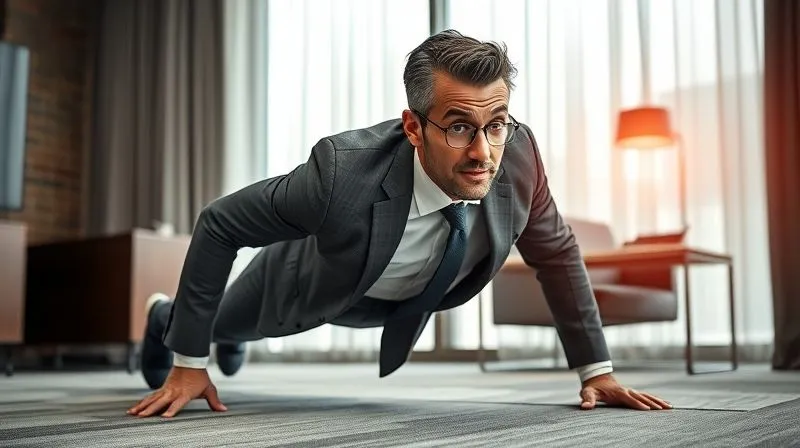 A photorealistic, energetic image of a businessman in smart casual wear doing quick, effective bodyweight exercises (like planks or push-ups) in a modern office or hotel room, sweat glistening, focused expression. Professional photography, 8K, cinematic lighting, sharp focus, depth of field. The scene conveys efficiency and dedication to health.