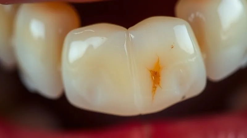 Photorealistic close-up of a human tooth showing signs of enamel erosion, subtle yellowing and transparency, professional dental photography, 8K, cinematic lighting, sharp focus, depth of field, shot on a high-end DSLR.