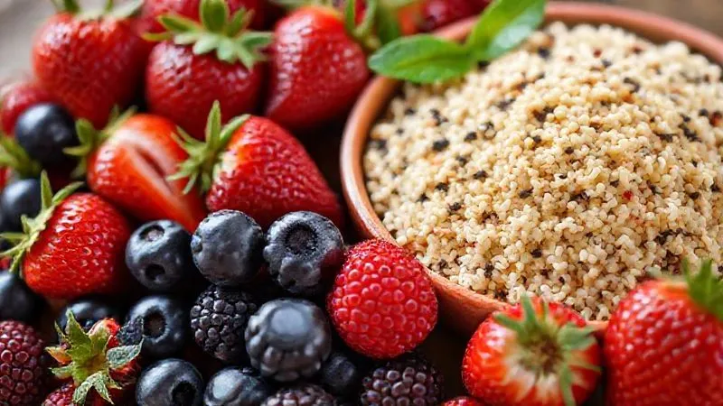 photorealistic, professional photography, 8K, cinematic lighting, sharp focus, depth of field, shot on a high-end DSLR of a vibrant assortment of fresh berries (strawberries, blueberries, raspberries) artfully arranged next to a bowl of cooked quinoa, highlighting healthy and low-GI fruit choices, natural light, no text.