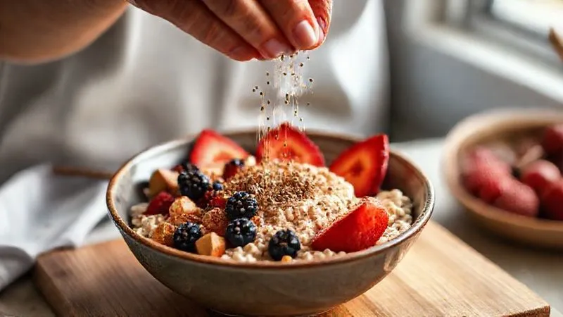 photorealistic, professional photography, 8K, cinematic lighting, sharp focus, depth of field, shot on a high-end DSLR of a person's hands gently adding a sprinkle of cinnamon and chia seeds onto a beautifully prepared bowl of oatmeal with fresh fruit, signifying healthy additions and mindful preparation, warm kitchen light, no text.