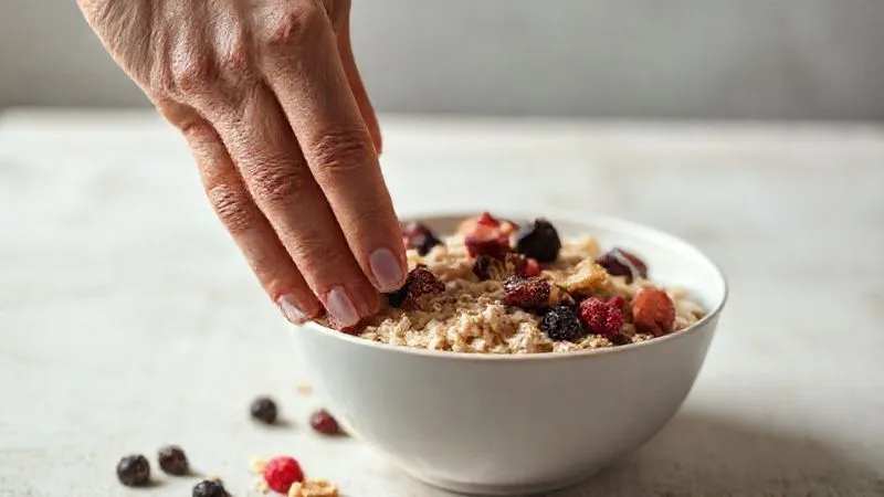 photorealistic, professional photography, 8K, cinematic lighting, sharp focus, depth of field, shot on a high-end DSLR of a hand reaching for a large bowl of overly sweetened oatmeal with excessive dried fruit, contrasting with a smaller, balanced bowl in the background, symbolizing common dietary mistakes, soft but clear lighting, no text.