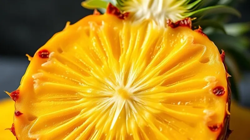 A vibrant, photorealistic pineapple cut in half, showcasing its juicy texture and rich yellow color, with a subtle overlay of scientific molecular structures representing enzymes like bromelain, professional photography, 8K, cinematic lighting, sharp focus, depth of field, shot on a high-end DSLR.