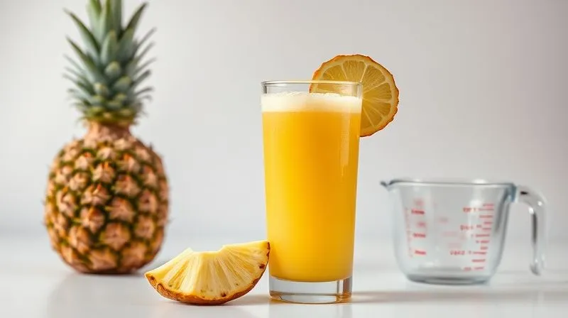 A professional studio shot of a glass of freshly squeezed pineapple juice, alongside a whole pineapple and a measuring cup, emphasizing precision and control, with a clean, minimalist background, 8K, cinematic lighting, sharp focus, depth of field, shot on a high-end DSLR.