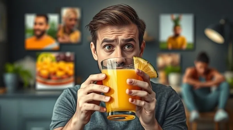 A photorealistic image depicting a person looking confused and frustrated while holding a glass of pineapple juice, surrounded by blurred images of unhealthy snacks and a sedentary lifestyle, symbolizing common mistakes in diet and exercise, professional photography, 8K, cinematic lighting, sharp focus on the person, depth of field, shot on a high-end DSLR.