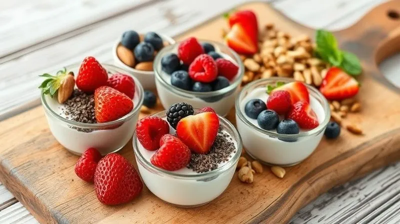 Photorealistic, professional photography of a beautifully arranged selection of healthy yogurt toppings: vibrant fresh berries (strawberries, blueberries, raspberries), chopped nuts (almonds, walnuts), chia seeds, and a sprinkle of cinnamon, all in small, elegant bowls on a rustic wooden board. The composition is artfully lit with soft, diffused light, highlighting the textures and colors. Sharp focus on the toppings, depth of field subtly blurring the background. 8K, cinematic lighting, shot on a high-end DSLR, conveying freshness and healthy abundance.