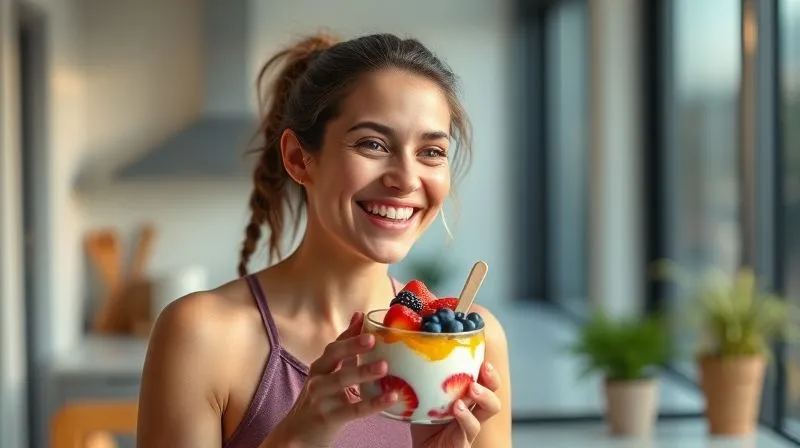 Photorealistic, professional photography of a person happily enjoying a healthy, vibrant yogurt parfait after a light workout, perhaps in a bright, modern kitchen or on a sunny balcony. The person is smiling, looking refreshed and satisfied, with the parfait clearly visible in their hand. The background is softly blurred, suggesting a healthy lifestyle environment. Sharp focus on the person and the dessert, depth of field creating a pleasant bokeh. 8K, cinematic lighting, shot on a high-end DSLR, conveying joy, health, and post-workout replenishment.