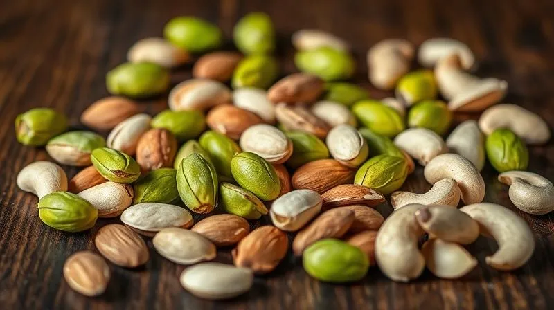 A vibrant, close-up photorealistic arrangement of various raw nuts: bright green pistachios (shelled), creamy white almonds, and pale, crescent-shaped cashews, artfully scattered on a dark wooden surface. The nuts are illuminated by soft, natural light, highlighting their individual textures and colors. Sharp focus on the foreground nuts, with a gentle depth of field blurring the background. Shot on a high-end DSLR, 8K hyper-detailed, professional photography.