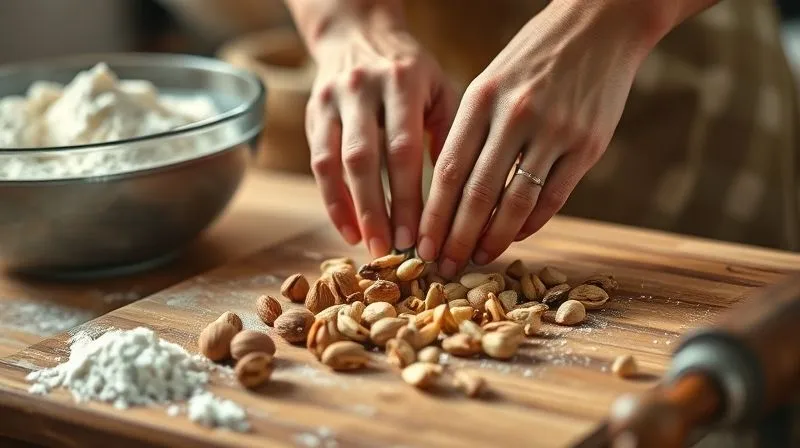 A pair of hands, with a gentle, natural grip, carefully chopping a mix of walnuts and almonds on a rustic wooden cutting board, next to a bowl of prepared bread dough. The scene is bathed in warm, soft kitchen lighting. Sharp focus on the action of chopping and the texture of the nuts, with a shallow depth of field blurring the background elements like flour and mixing bowls. Shot on a high-end DSLR, 8K hyper-detailed, professional photography.