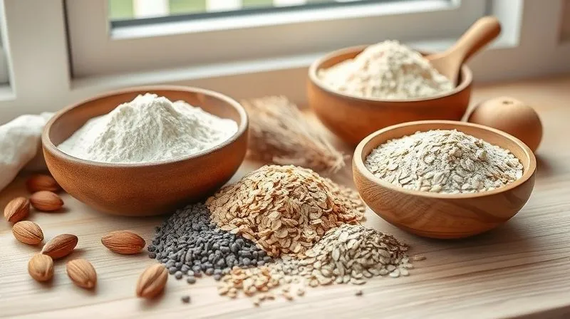 A beautifully composed, photorealistic still life featuring a selection of healthy baking ingredients: a rustic bowl filled with almond flour, another with oat flour, small piles of chia seeds, flax seeds, and psyllium husk, artfully arranged on a light wooden surface. Soft, natural light from a window illuminates the scene, highlighting the textures of the ingredients. Sharp focus on the foreground elements, with a gentle depth of field. Shot on a high-end DSLR, 8K hyper-detailed, professional photography.