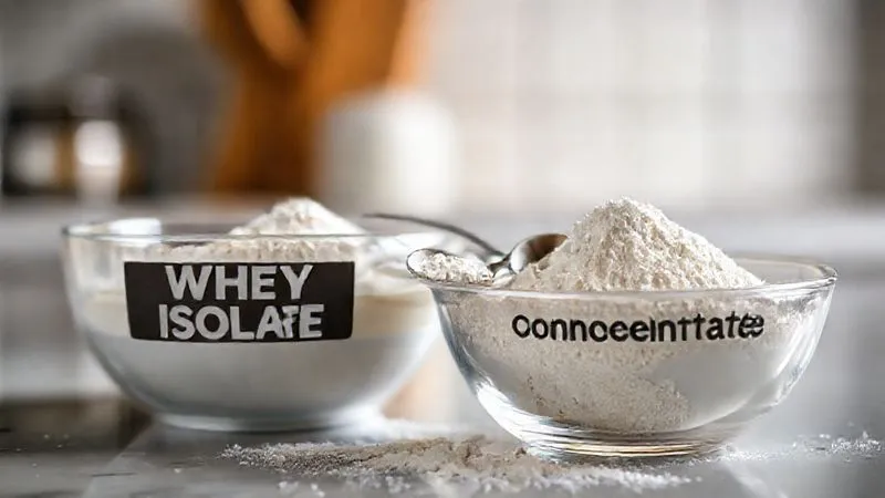 A close-up of two bowls of protein powder, one labeled 'Whey Isolate' and the other 'Whey Concentrate', with a small measuring spoon resting on the edge of the 'Isolate' bowl, against a softly lit kitchen counter. Cinematic lighting highlights the powdery texture, sharp focus on the details of the powders, depth of field blurring the background, 8K hyper-detailed, professional photography, shot on a high-end DSLR.