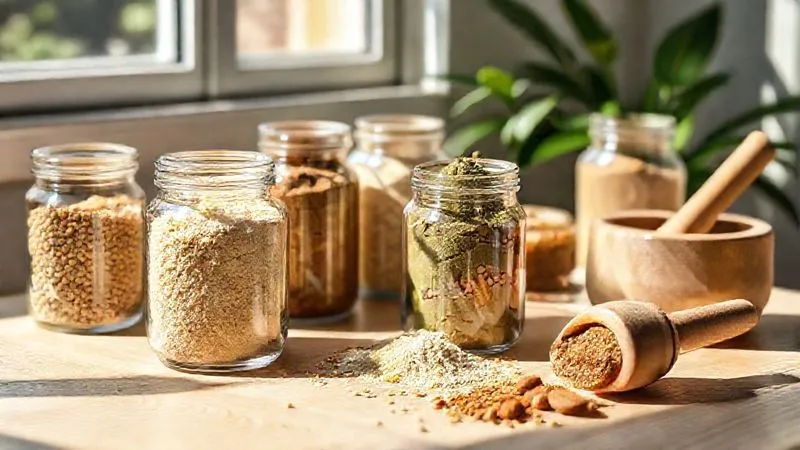 A vibrant array of different colored plant-based protein powders in elegant glass jars (pea, rice, hemp, soy, almond), artistically arranged on a light wooden table next to a small mortar and pestle. Natural light streams in from a window, creating soft shadows. Professional photography, 8K, sharp focus on the textures of the powders, depth of field blurring the background.