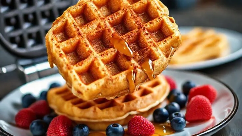 A perfectly golden-brown protein waffle being carefully lifted from a gleaming silver waffle iron, with steam gently rising from its grooves. In the background, a beautifully arranged plate with fresh blueberries, raspberries, and a drizzle of maple syrup awaits the waffle. Professional photography, cinematic lighting, 8K, sharp focus on the waffle and iron, depth of field blurring the background elements, shot on a high-end DSLR.