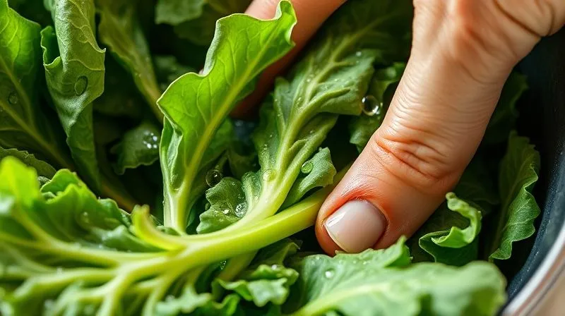 Photorealistic close-up of fresh, vibrant green kale leaves being gently massaged in a bowl, with water droplets visible, natural light, 8K, sharp focus, depth of field, professional photography.