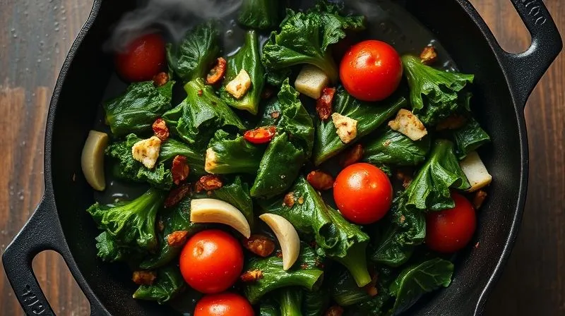 Photorealistic overhead shot of a cast iron skillet filled with beautifully stewed kale, infused with garlic, chili flakes, and cherry tomatoes, steam gently rising, warm cinematic lighting, 8K, professional food photography.