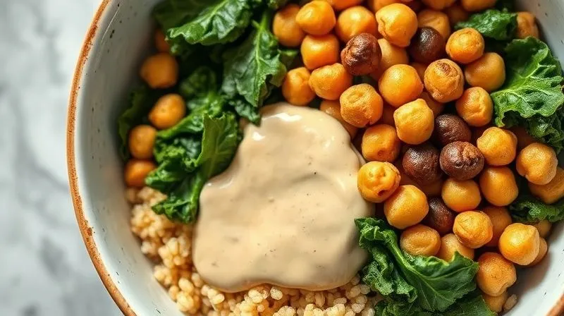 Photorealistic shot of a vibrant, healthy vegan bowl featuring perfectly stewed kale as a prominent element, alongside roasted chickpeas, quinoa, and a creamy tahini dressing, bright natural light, 8K, professional food styling.