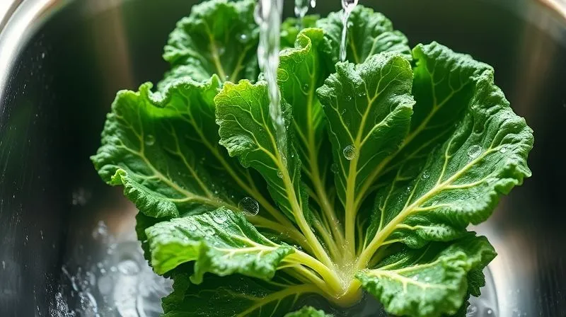 Photorealistic image of fresh, vibrant green kale leaves being washed under running water in a kitchen sink, with soft natural light. 8K, sharp focus on the water droplets on the leaves, depth of field, shot on a high-end DSLR.