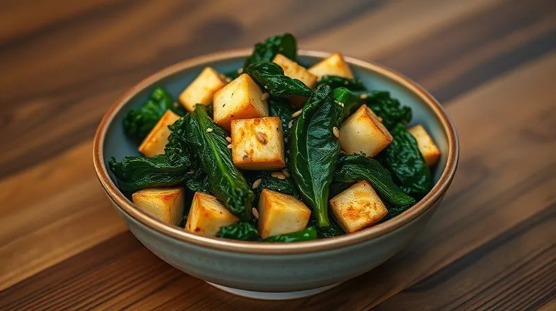 A beautifully styled photorealistic dish of sautéed kale with crispy pan-fried tofu cubes and a sprinkle of sesame seeds, presented in a minimalist ceramic bowl on a wooden table. Warm, inviting cinematic lighting. 8K, sharp focus on the texture of the tofu and kale, depth of field, shot on a high-end DSLR.