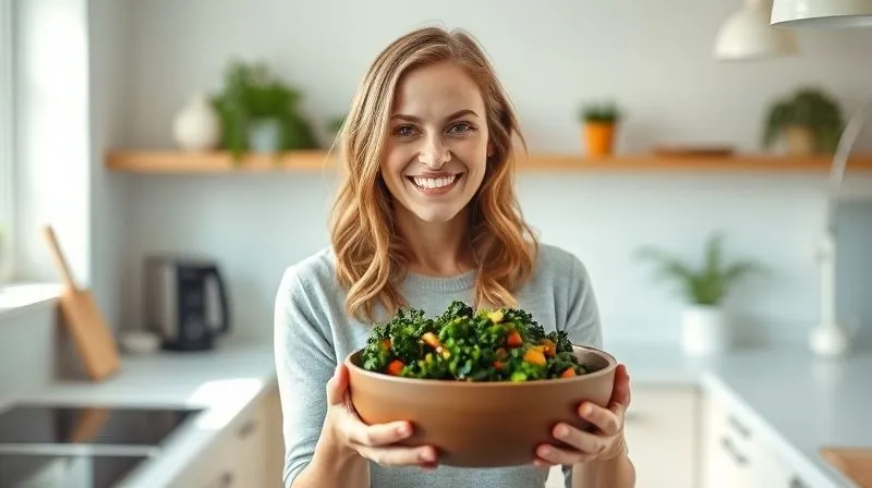 A vibrant, healthy-looking woman in her 30s, Marta, smiling genuinely while holding a bowl of delicious-looking sautéed kale and vegetables in a modern, bright kitchen. Natural, soft daylight. 8K, sharp focus on her joyful expression and the food, depth of field, shot on a high-end DSLR.