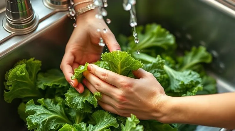 Photorealistic image of fresh, vibrant green kale leaves being washed under running water in a rustic kitchen sink, hands gently cleaning them. Cinematic lighting, sharp focus on the kale and water droplets. Shot on a high-end DSLR.