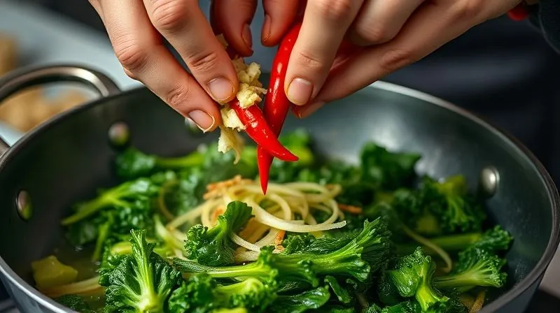 A close-up, photorealistic image of a professional chef's hands adding freshly minced garlic and thinly sliced red chili to a pan with blanched kale, sizzling gently. Cinematic lighting, sharp focus on the ingredients and steam. Shot on a high-end DSLR.