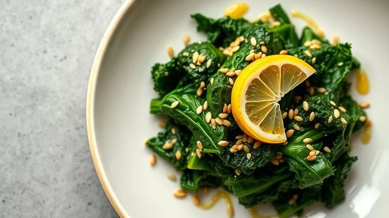 A top-down, photorealistic image of a beautifully plated dish of sautéed kale, garnished with toasted sesame seeds and a drizzle of lemon juice. The presentation is elegant and appealing, with soft, natural light. Shot on a high-end DSLR.