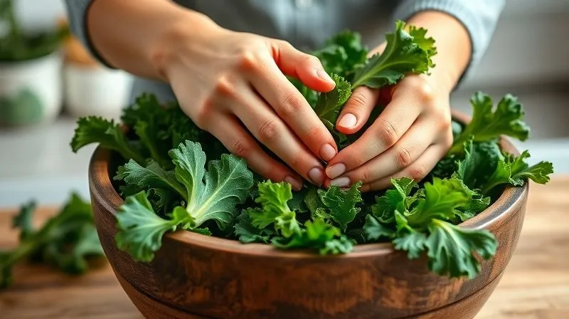 A close-up, photorealistic, professional photography of a woman's hands gently massaging fresh, vibrant green kale leaves in a rustic wooden bowl, with a few drops of olive oil visible. The background is a clean, bright kitchen counter. 8K, cinematic lighting, sharp focus on the kale and hands, depth of field blurring the background, shot on a high-end DSLR.