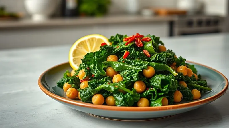 A beautifully plated, photorealistic image of a vibrant green sautéed kale and chickpea dish, garnished with fresh lemon wedges and a sprinkle of red pepper flakes, on a modern ceramic plate. The background is a clean, minimalist kitchen table, with soft, natural light. 8K, cinematic lighting, sharp focus on the dish, depth of field blurring the background, shot on a high-end DSLR.