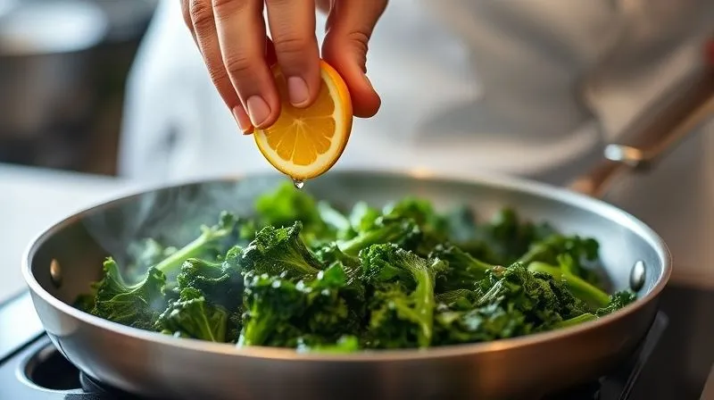 A photorealistic image of a chef's hand adding a squeeze of fresh lemon juice over a pan of perfectly sautéed kale, with steam rising gently. The focus is on the action and the vibrant greens of the kale. 8K, cinematic lighting, sharp focus, depth of field blurring the background, shot on a high-end DSLR.