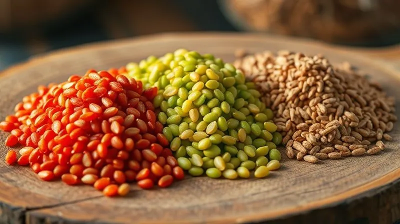A close-up, photorealistic image of three distinct piles of raw lentils: red, green, and brown, arranged neatly on a rustic wooden board, with soft, natural light, sharp focus on the textures, depth of field, 8K, professional photography.