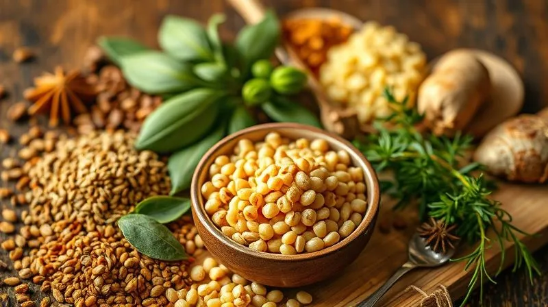 Photorealistic image of various spices (cumin seeds, bay leaves, grated ginger, marjoram) arranged around a small bowl of raw lentils, with warm, inviting kitchen lighting, sharp focus on the spices, depth of field, 8K, professional photography.