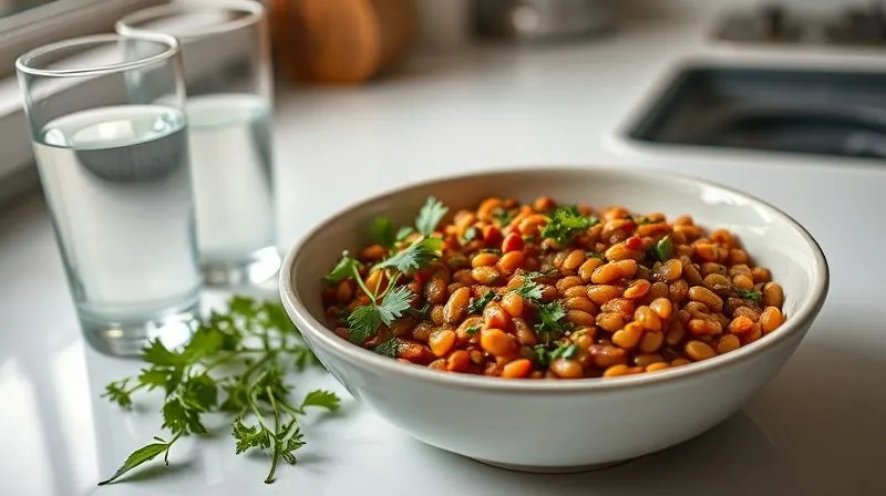 A photorealistic image of a beautifully plated, colorful bowl of stewed lentils with fresh herbs, alongside a glass of water, on a clean, bright kitchen counter, suggesting a mindful and satisfying meal. Cinematic lighting, sharp focus on the food, depth of field, 8K, professional photography.