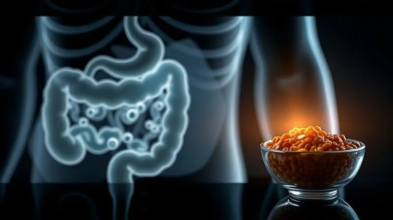 Photorealistic, professional photography, 8K, cinematic lighting, sharp focus, depth of field, shot on a high-end DSLR. A stylized, transparent diagram of the human digestive system with a focus on the large intestine, showing small bubbles representing gas formation. Next to it, a small bowl of lentils, with a subtle, glowing aura, symbolizing understanding and control over digestion. The overall mood is educational and empowering.