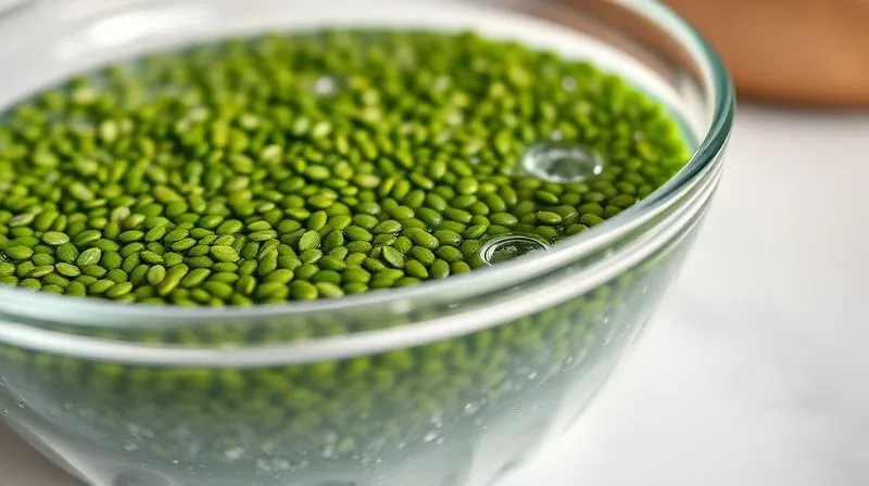 Photorealistic, professional photography, 8K, cinematic lighting, sharp focus, depth of field, shot on a high-end DSLR. A close-up shot of green lentils soaking in a clear glass bowl filled with water, with small bubbles visible. The background is a clean, bright kitchen counter, emphasizing freshness and preparation. The light is soft and natural, highlighting the texture of the lentils and the clarity of the water.