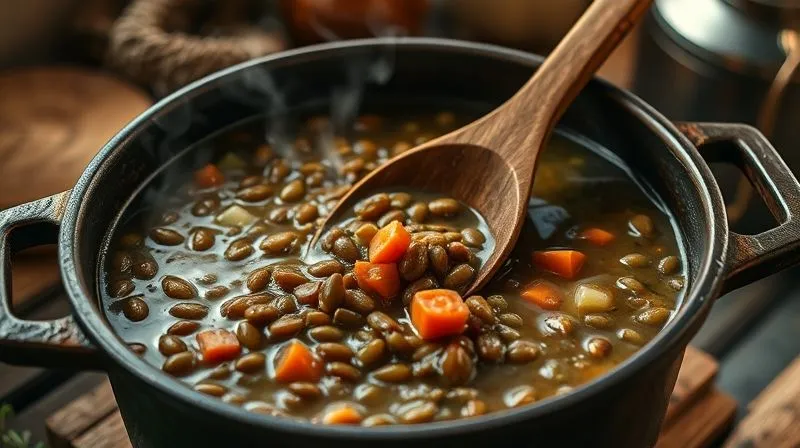 Photorealistic, professional photography, 8K, cinematic lighting, sharp focus, depth of field, shot on a high-end DSLR. A rustic, cast-iron pot filled with gently simmering, rich brown-green lentil stew, with steam rising. A wooden spoon is stirring the stew, revealing chopped vegetables like carrots and celery. The scene is set in a warm, inviting kitchen, with golden cinematic lighting highlighting the textures and colors of the food. Sharp focus on the stew, depth of field blurring the cozy kitchen background.