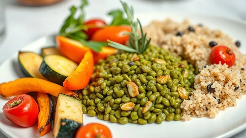 Photorealistic, professional photography, 8K, cinematic lighting, sharp focus, depth of field, shot on a high-end DSLR. A perfectly plated, vibrant and healthy meal. The main focus is a portion of well-stewed green lentils, surrounded by a colorful array of roasted vegetables (bell peppers, zucchini, cherry tomatoes) and a side of quinoa. A sprig of fresh rosemary garnishes the dish. The lighting is bright and inviting, showcasing the freshness and deliciousness of the healthy food. Shot from a slightly elevated angle, emphasizing the meal's composition and appeal.