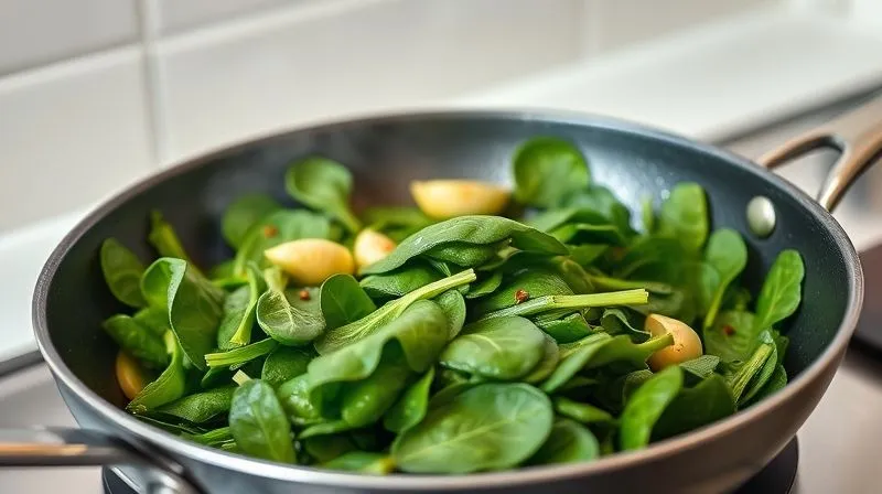 A photorealistic, professional photography, 8K, cinematic lighting, sharp focus, depth of field, shot on a high-end DSLR image of vibrant green spinach being gently sautéed in a non-stick pan with a few drops of water, steam rising, garlic cloves and red pepper flakes visible, no oil, on a minimalist kitchen countertop, emphasizing healthy cooking and freshness.